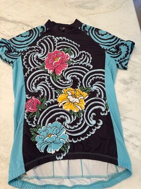 Yellow Box Floral Wave Short-Sleeve Cycling Jersey - Black & Aqua